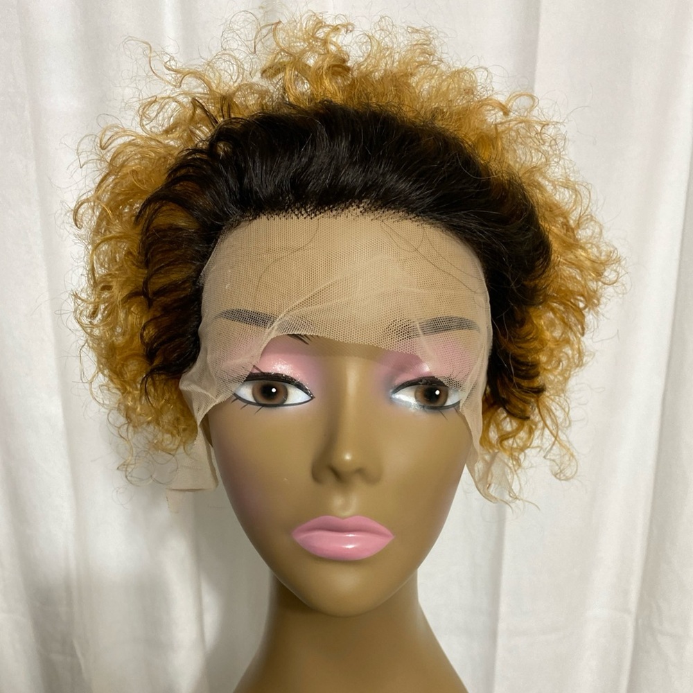 Lace Front Wig Honey Blonde Ombre Short Curly Human Hair Pixie Cut Bob 1B/27
